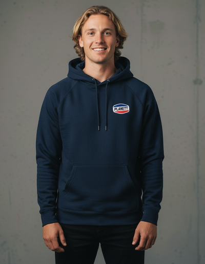 Navy blue nemesis hoodie with red and white logo perfect for casual work uniforms and durable workwear options
