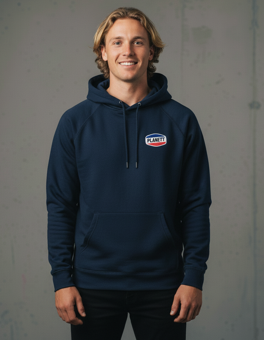 Navy blue nemesis hoodie with red and white logo perfect for casual work uniforms and durable workwear options
