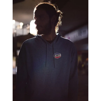 Dark gray nemesis hoodie with small shield-shaped planetti logo perfect for casual uniforms and workwear looks