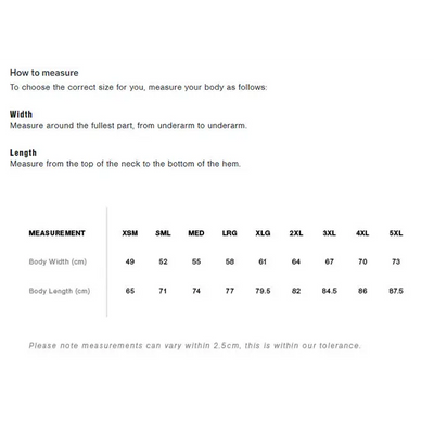 Size chart for the nemesis hoodie showing measurements in cm from xs to 5xl ideal for workwear uniforms