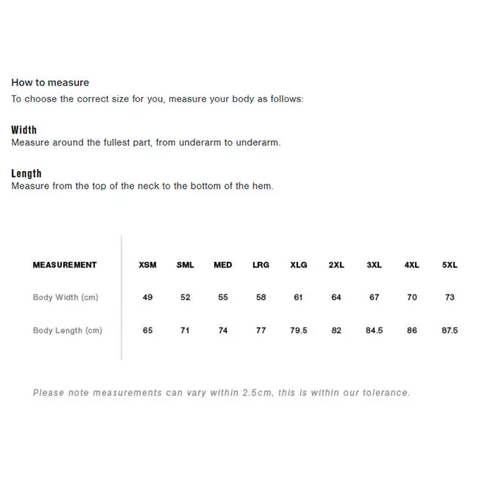 Size chart for the nemesis hoodie showing measurements in cm from xs to 5xl ideal for workwear uniforms