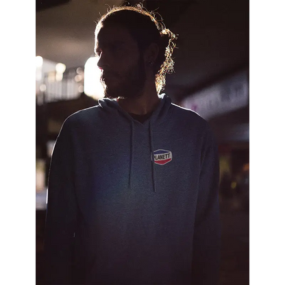 Nemesis Hoodie: blue with planet logo, red circle, kangaroo pocket heavy fleece