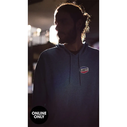 Nemesis Hoodie: Blue with planet logo, red shield, kangaroo pocket heavy fleece