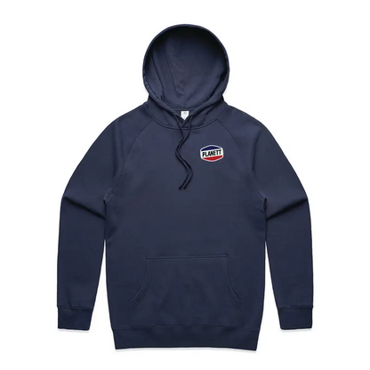 Nemesis Hoodie: Navy blue fleece with planet logo and kangaroo pocket