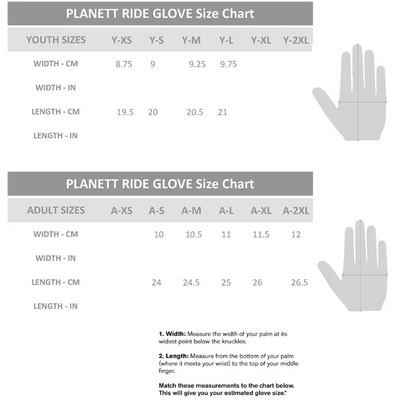 Neon yellow planet ride glove size chart showing youth and adult sizes with width and length in cm and inches for workwear