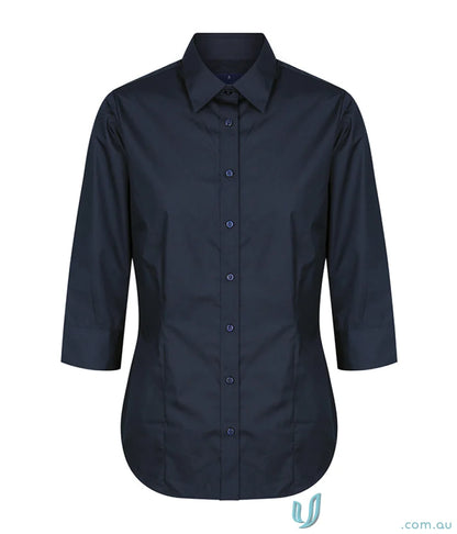Navy blue Nicholson Premium Poplin 3Q Shirt with easy iron silk protein fabric