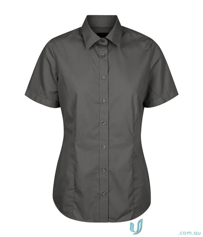 Gray short-sleeved Nicholson Slim Fit Premium Poplin Shirt with easy iron finish