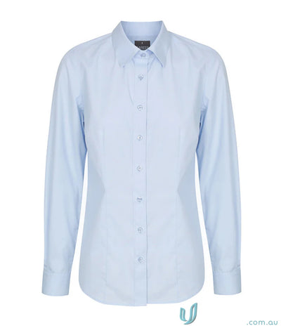 Light blue Nicholson slim fit long sleeve premium poplin shirt with easy iron silk protein