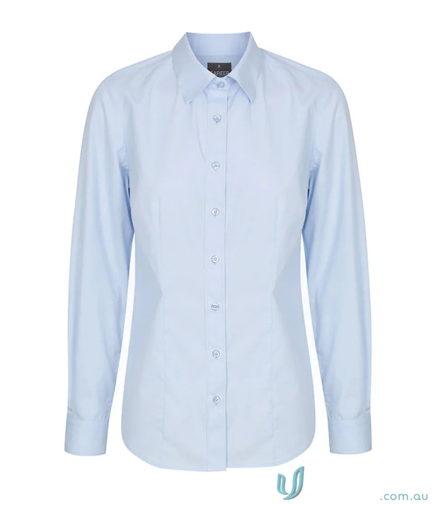 Light blue Nicholson slim fit long sleeve premium poplin shirt with easy iron silk protein
