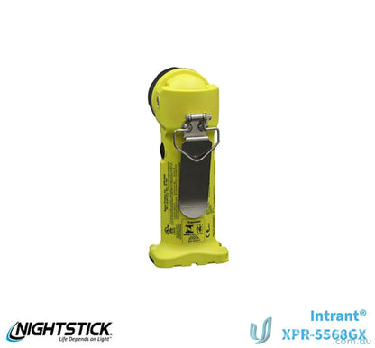 Yellow right-angle flashlight with clip showing flood runtime and long beam distance