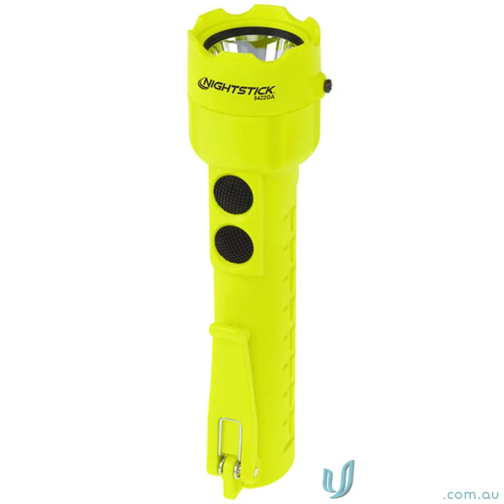 Yellow flashlight with dual body switches for close-up illumination, IP-67 dustproof design