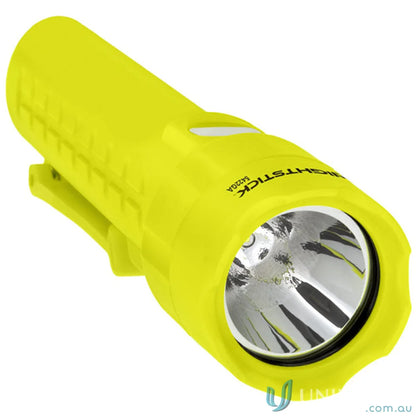 Yellow flashlight with clip showcasing dual body switches and ip-67 dustproof design