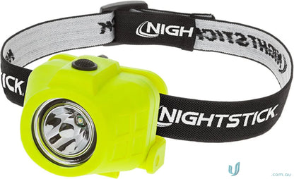 Yellow headlamp with adjustable elastic head strap and heavy-duty rubber, wide beam distance