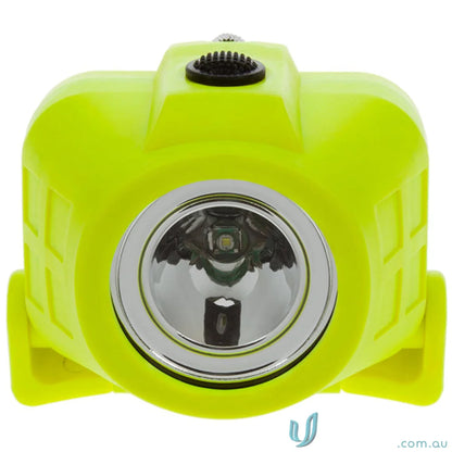 Yellow Headlamp with black switch, elastic head strap, heavy-duty rubber, great beam distance