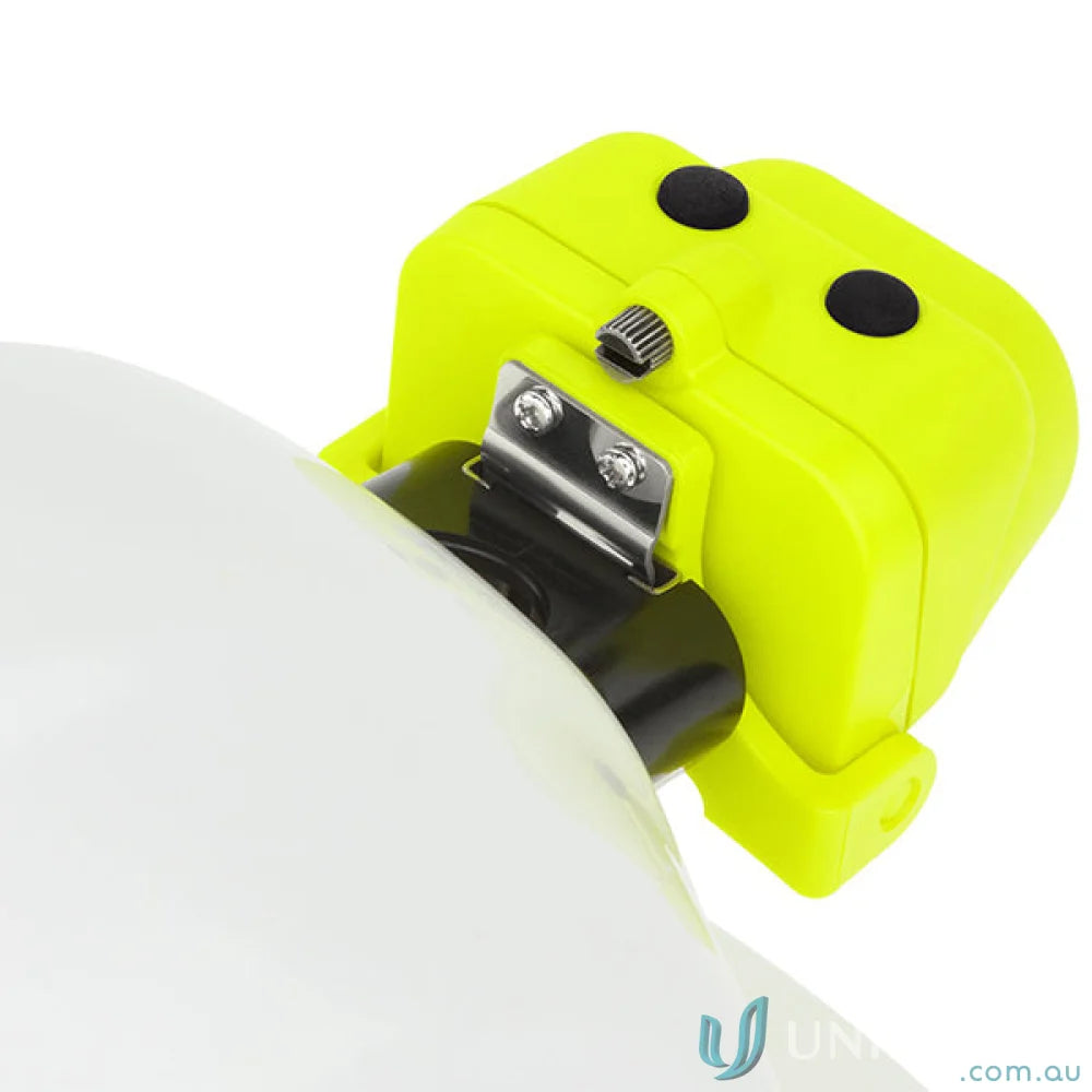 Yellow and white headlamp with clip mount, listed intrinsically safe, ideal for hard hat mounting bracket