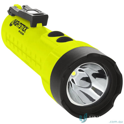 Yellow and black flashlight with high-efficiency deep parabolic reflector and dual body switches