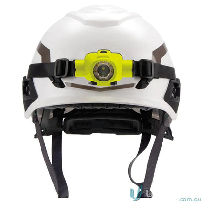 White hard hat with yellow headlamp, perfect as a heavy-duty rubber hard hat and tilt head flashlight