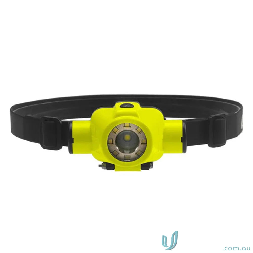 Yellow headlamp with black strap, ideal tilt head flashlight for heavy-duty rubber hard hats