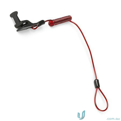 Red coil hard hat tether with clip for safety and convenience in work sites