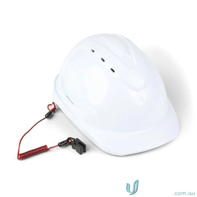 White hard hat with red lanyard showcasing a non-conductive coil hard hat tether