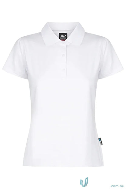 Noosa Lady Polo in white, eco-friendly recycled planet fabric polo for women