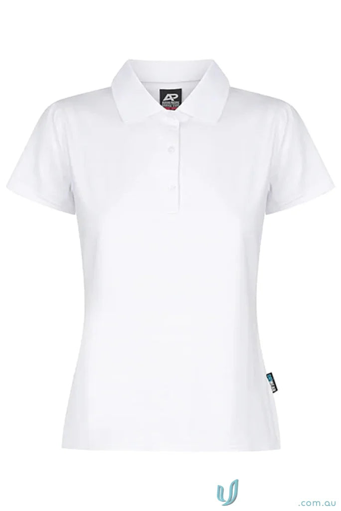 Noosa Lady Polo in white, eco-friendly recycled planet fabric polo for women