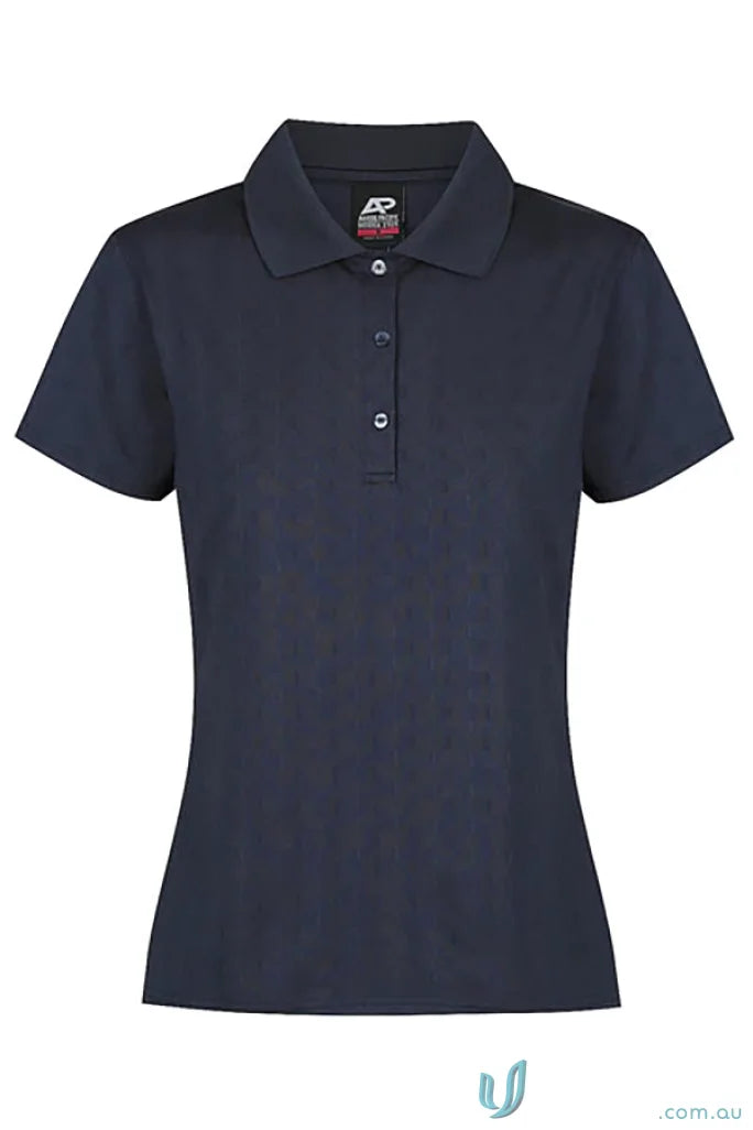 Noosa Lady Polo navy blue short-sleeved fabric polo with three-button placket