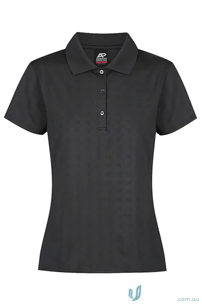 Noosa Lady Polo in charcoal grey with three-button placket, perfect for eco-friendly fabric polo fans