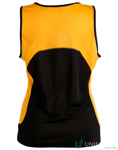 Black and gold Noosa Performance Singlet made with ultra-light mesh for workout comfort