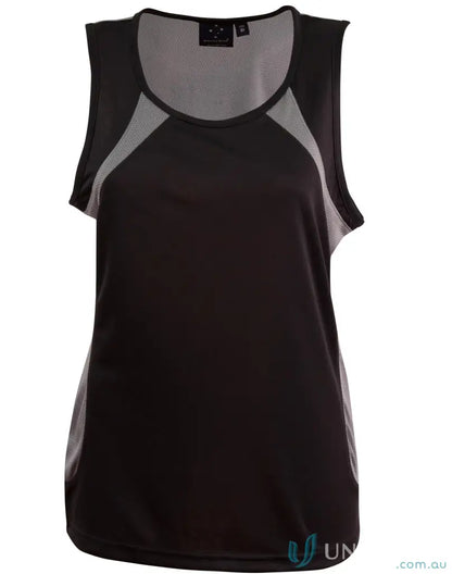 Black and grey Noosa Performance Singlet with scoop neck, ultra-light mesh athletic tee