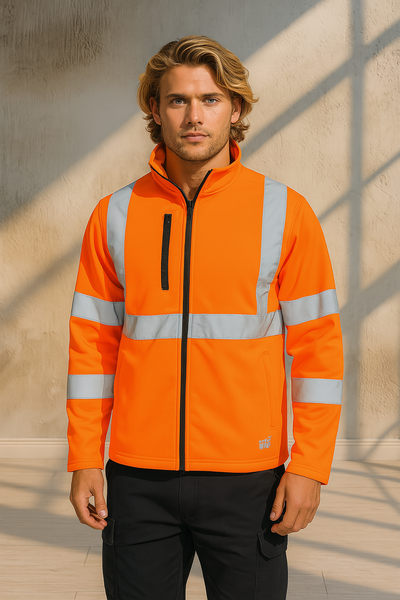 Bright orange NSW Rail CSR taped softshell jacket with reflective X back