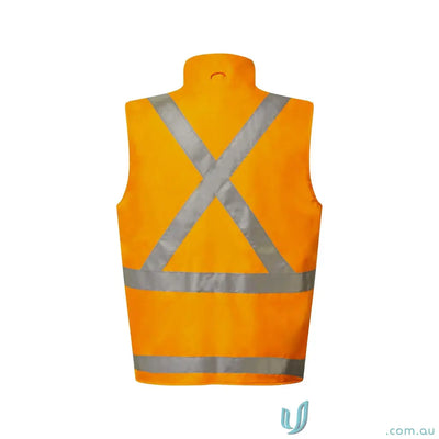 Orange reversible fleece vest for NSW rail workers with reflective stripes on back