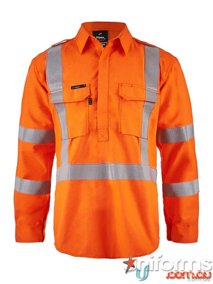NSW Rail orange long-sleeved work shirt with perforated reflective tape and twin needle stitching