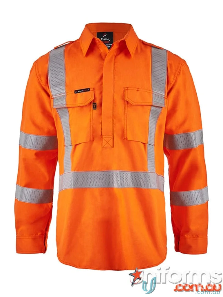 NSW Rail orange long-sleeved work shirt with perforated reflective tape and twin needle stitching