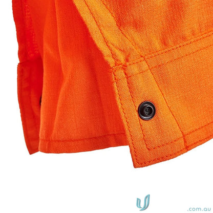 Orange shirt cuff with snap on NSW RAIL HRC2 HiVis Reflective Shirt showing rail HRC2 hivis safety gear