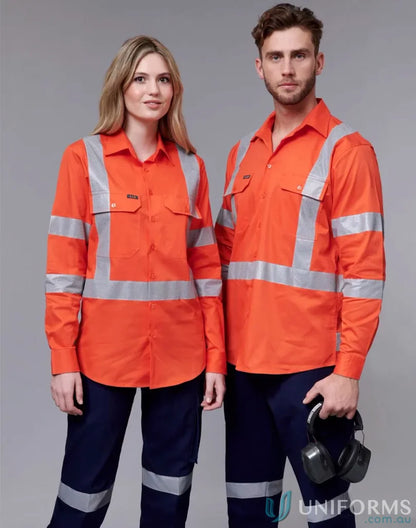 Two people modeling NSW Rail approved lightweight safety shirt and work safety shirt