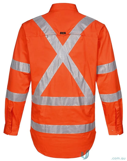 NSW Rail approved lightweight safety shirt with orange long sleeves and silver reflective stripes