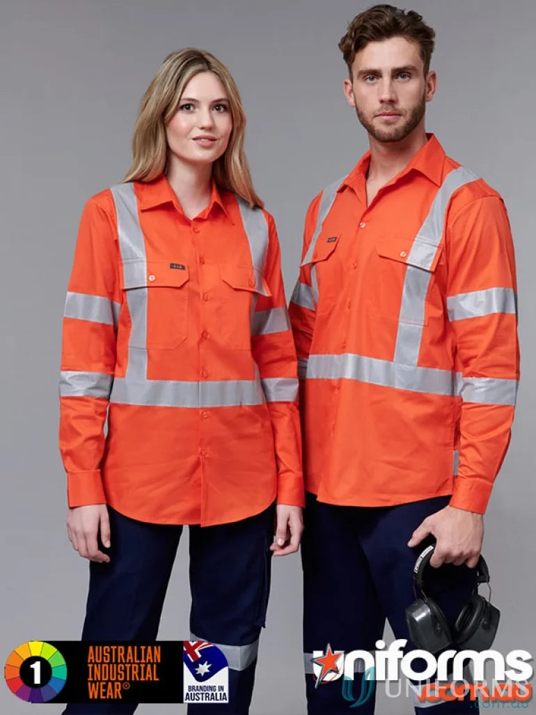 NSW Rail approved lightweight safety shirt in orange with reflective stripes worn by a man and woman