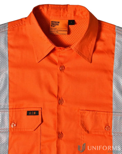 Orange NSW Rail approved lightweight safety shirt with white mesh sides and front pockets
