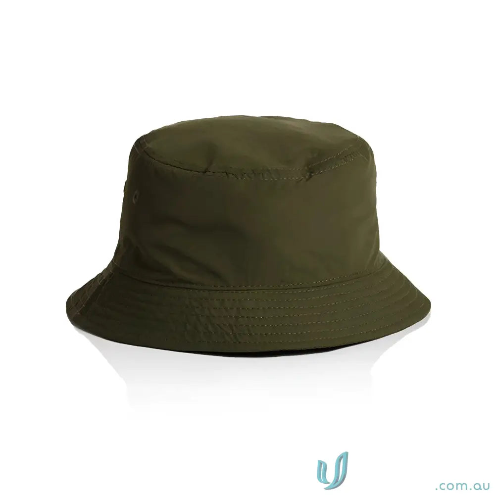 Olive green nylon bucket hat with wide brim, lightweight quick-dry recycled nylon design