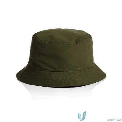 Olive green nylon bucket hat with wide brim, lightweight quick-dry recycled nylon design