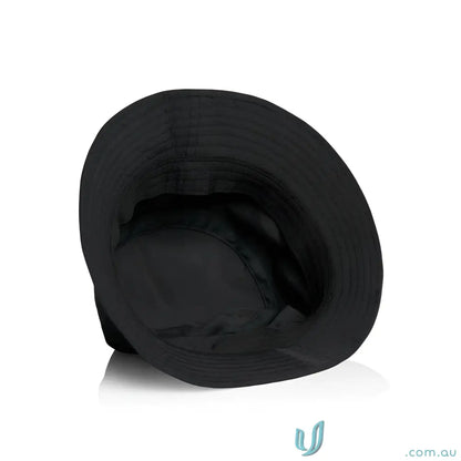 Black nylon bucket hat with wide brim, quick-dry recycled nylon, casual style