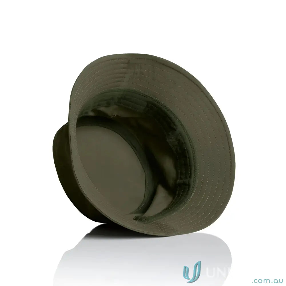 Dark olive green nylon bucket hat, quick-dry recycled nylon design for outdoor use