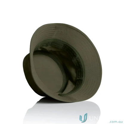 Dark olive green nylon bucket hat, quick-dry recycled nylon design for outdoor use