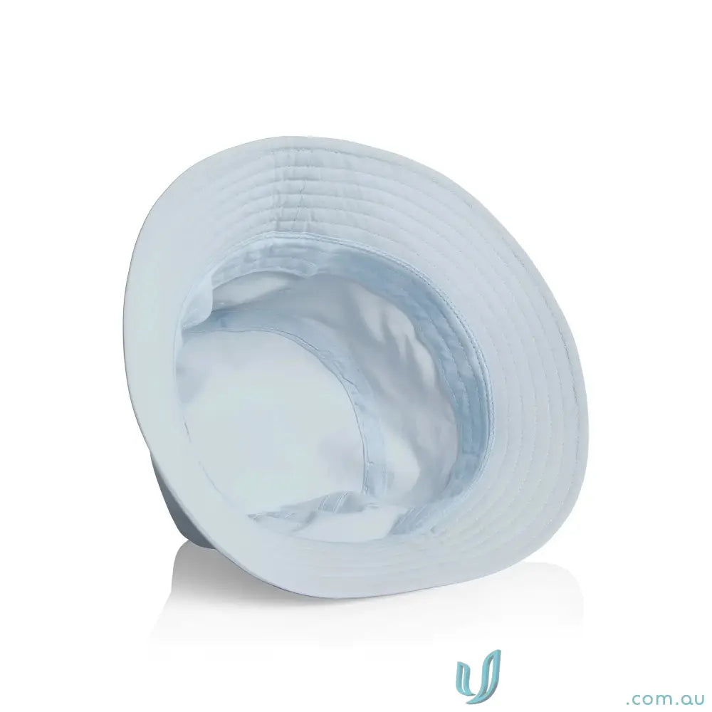 Light blue nylon bucket hat with quick-dry recycled nylon lining and wide brim