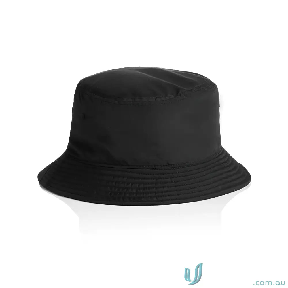 Black nylon bucket hat with ribbed brim, lightweight quick-dry recycled nylon style