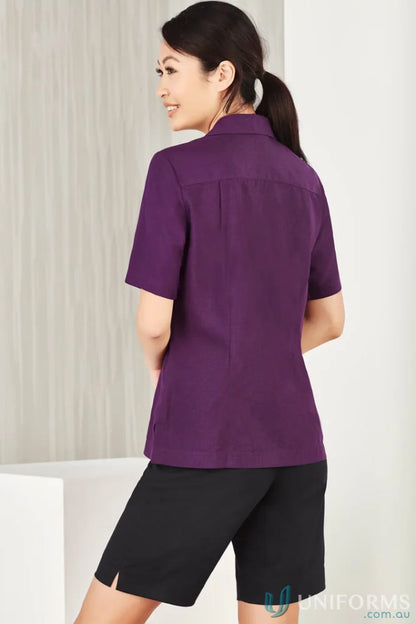 Purple short-sleeved collared oasis plain overblouse made with biz comfortcool™ fabric
