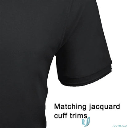 Oceanic Polo black short-sleeved shirt with matching jacquard cuff trims, perfect for workwear or uniforms