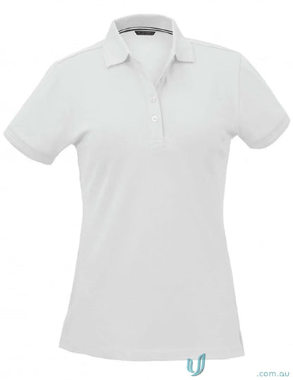 White women’s polo shirt with collar and three-button placket, perfect for workwear or uniforms