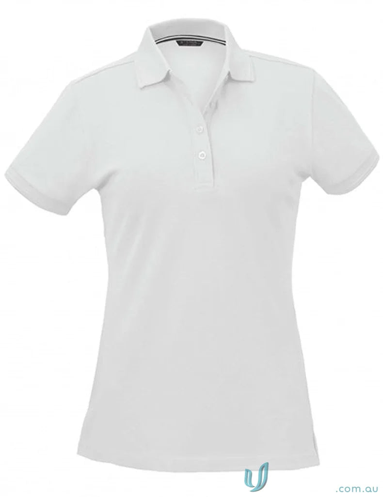 White women’s polo shirt with collar and three-button placket, perfect for workwear or uniforms